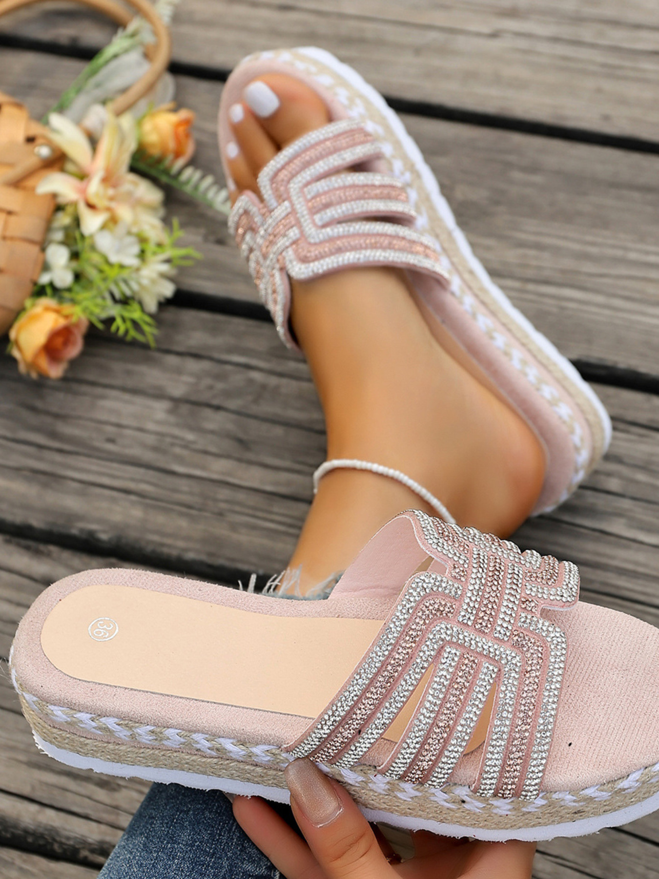Rhinestone Embellished Platform Espadrille Sandals