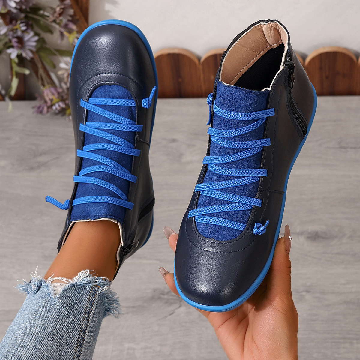 Lace-Up Faux Leather Ankle Boots
