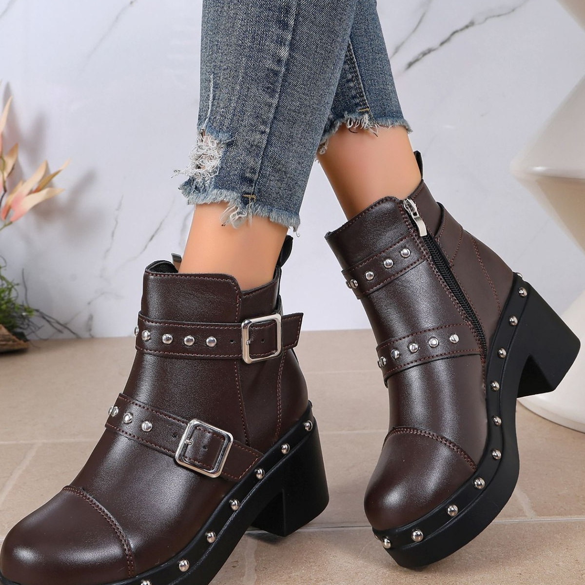 Round Toe Block Heels Boots