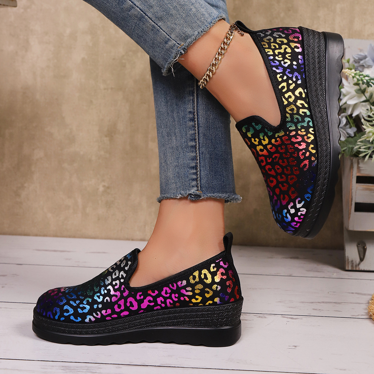 Leopard Round Toe Wedge Slip-Ons