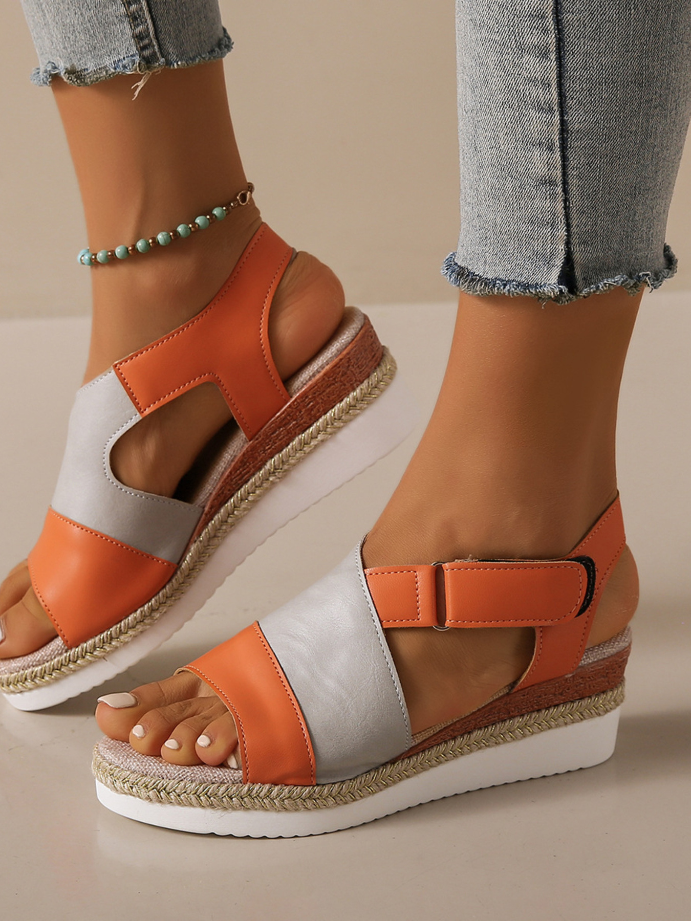 Color Block Platform Wedge Sandals with Ankle Strap