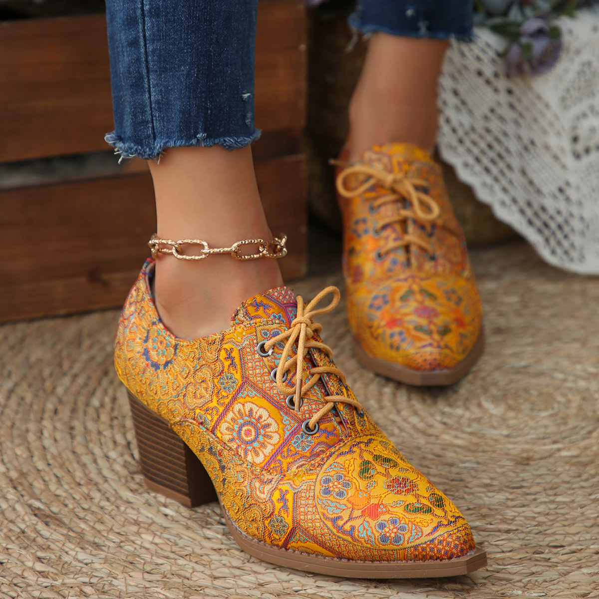 Point Toe Block Heels Ankle Boots