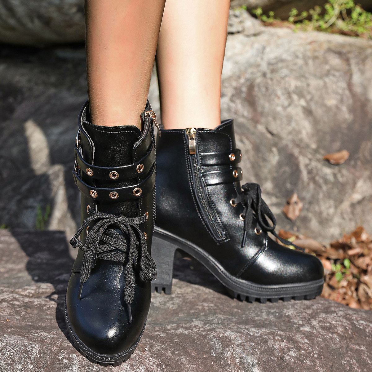 Lace Up Block Heels Boots