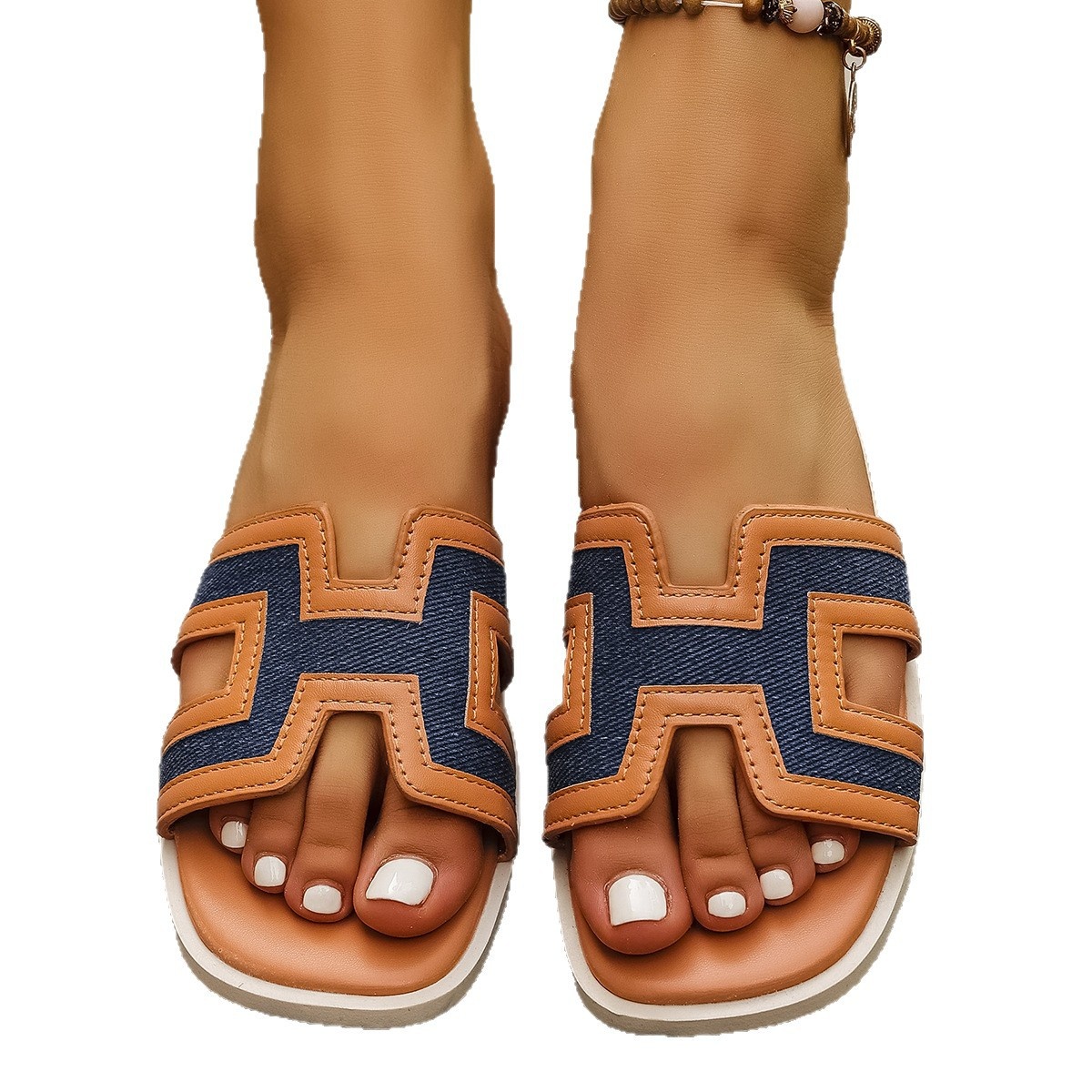 Cutout Slide Sandals with Contrast Trim