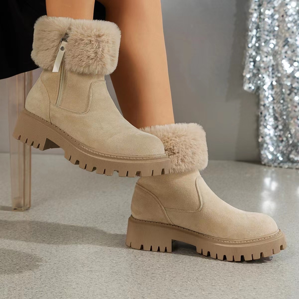 Side Zipper Fuzzy Boots