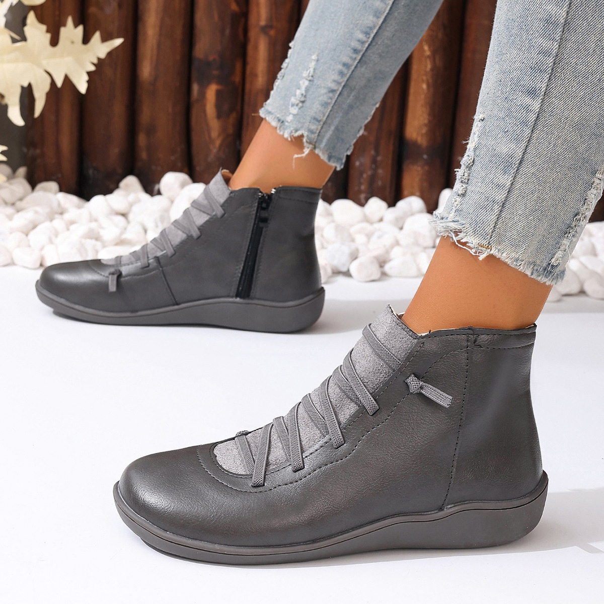 Lace-Up Faux Leather Ankle Boots