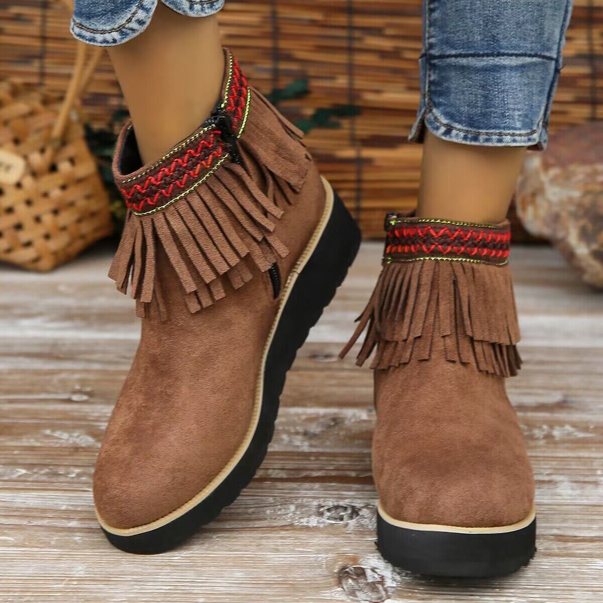 Fringe Round Toe Ankle Boots