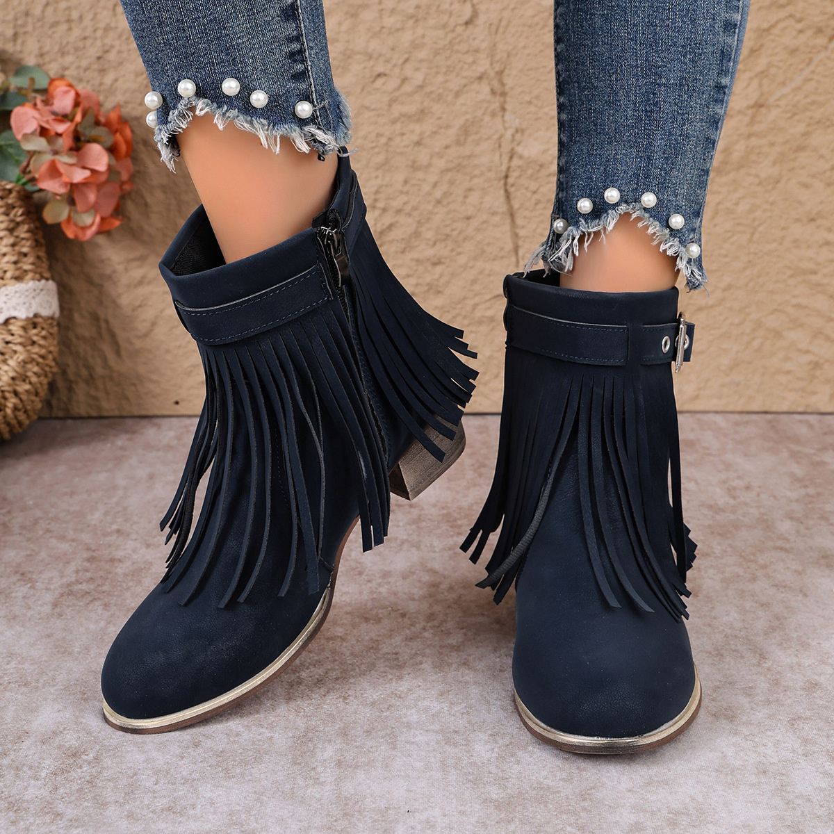 Fringe Ankle Boots with Buckle Detail