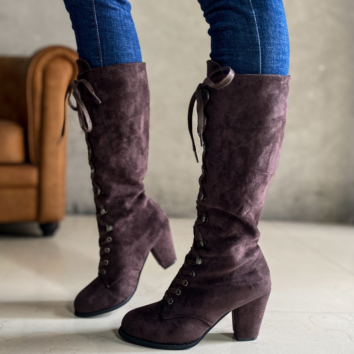 Lace Up Block Heels Boots