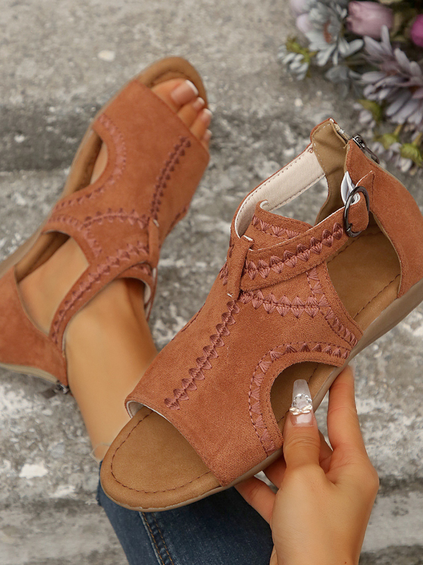 Cutout Open Toe Flat Sandals