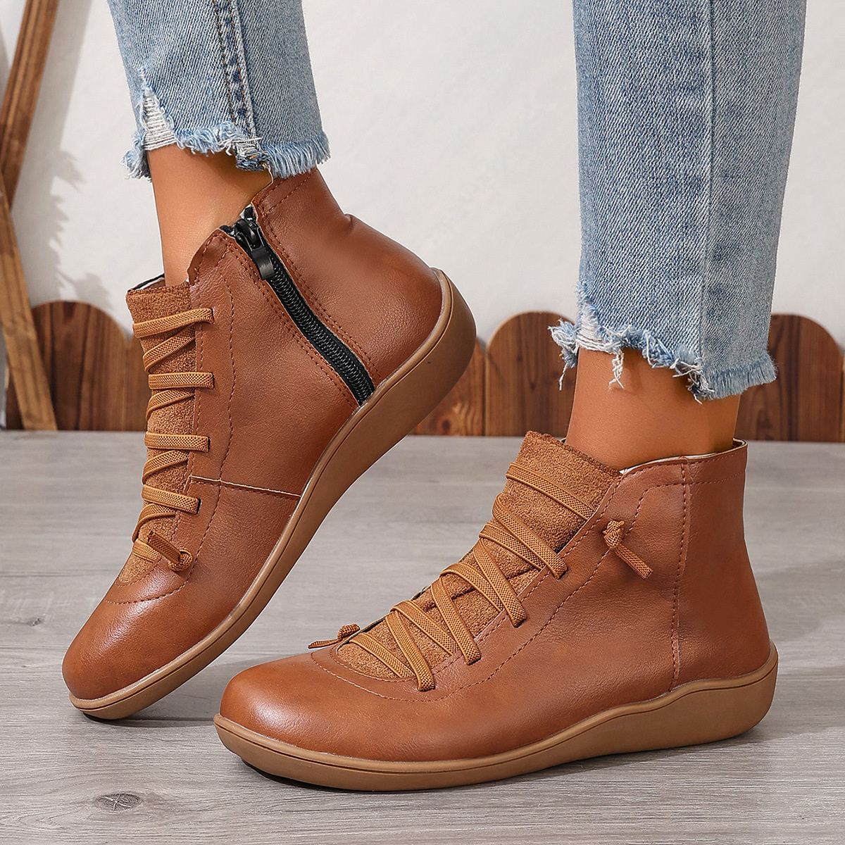 Lace-Up Faux Leather Ankle Boots