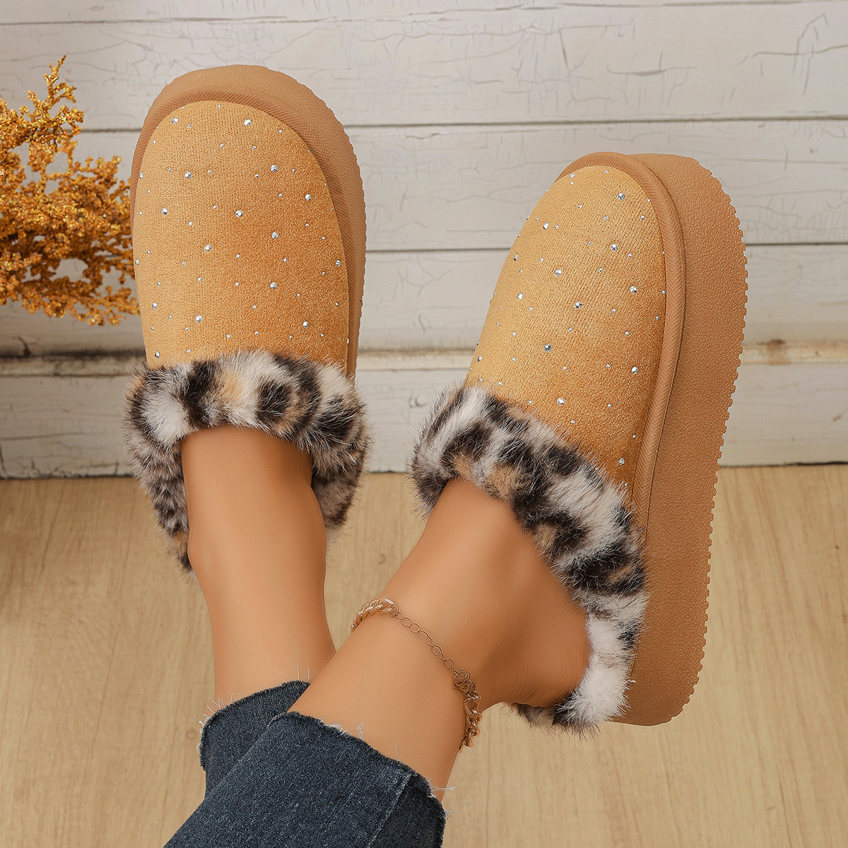 Rhinestone Faux Fur Platform Slippers