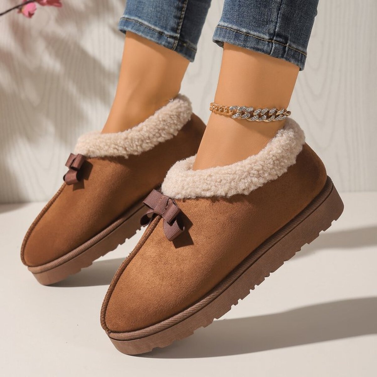 Cozy Bowknot Plush Lined Slip-Ons
