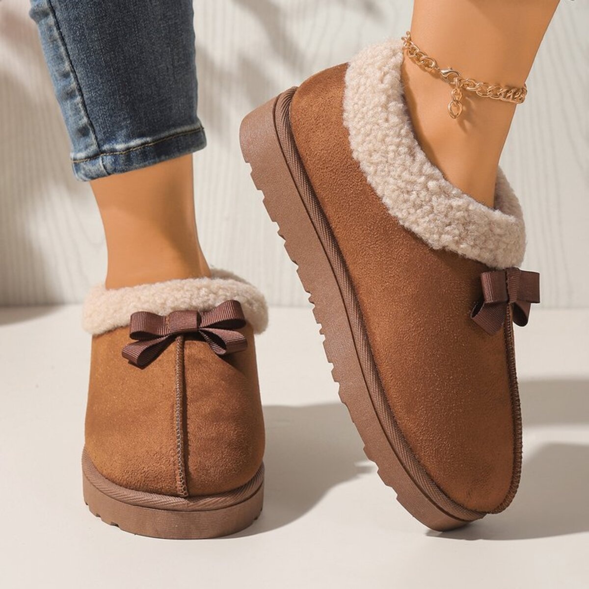 Cozy Bowknot Plush Lined Slip-Ons