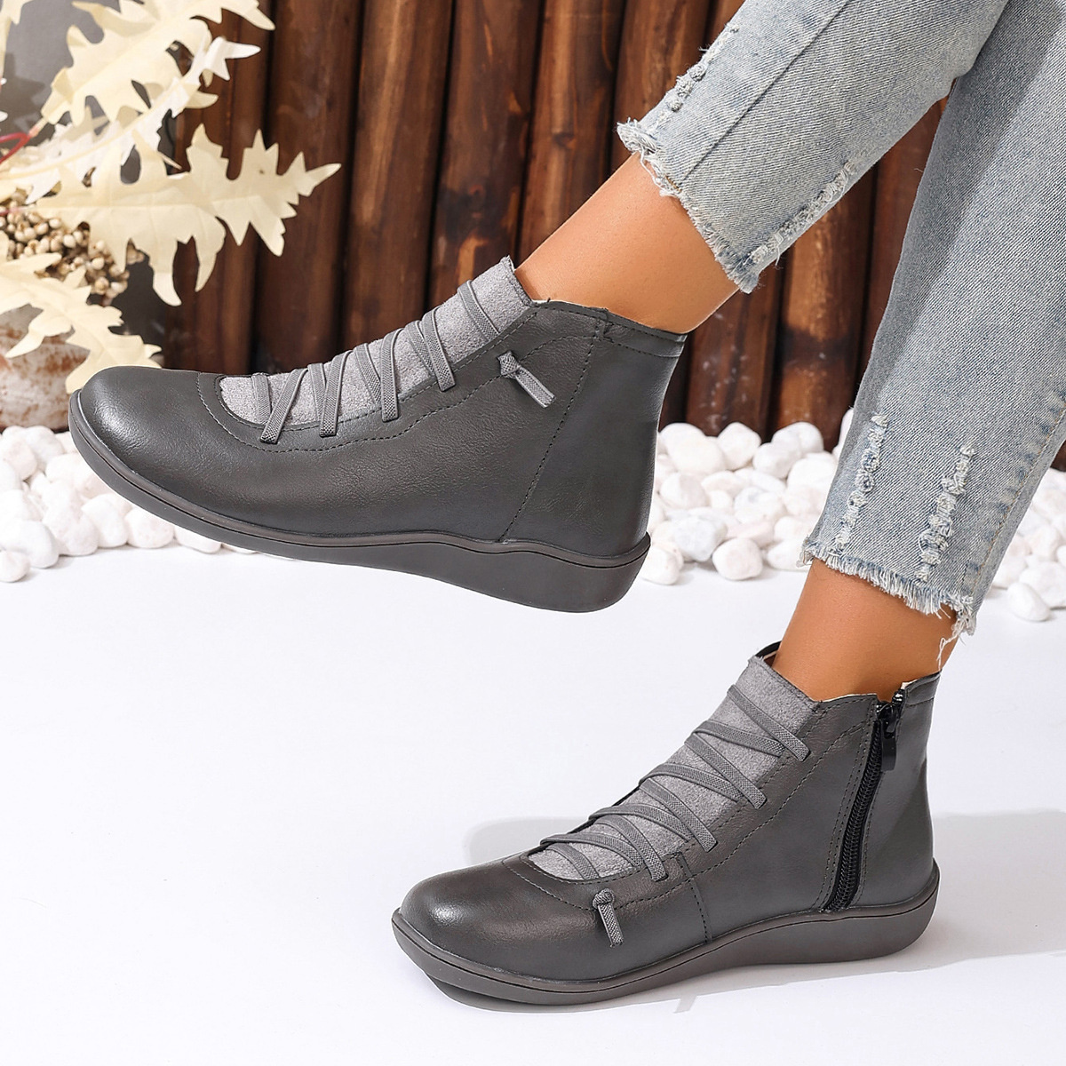 Lace-Up Faux Leather Ankle Boots