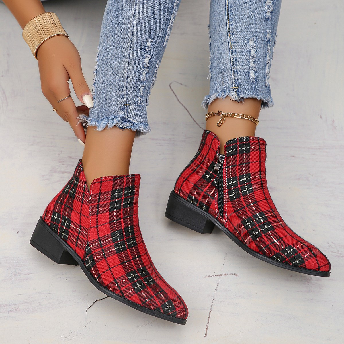 Plaid Point Toe Ankle Boots