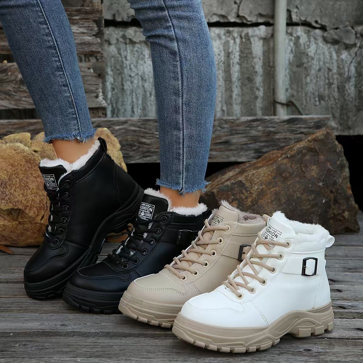 Lace-Up Ankle Boots with Buckle Detail
