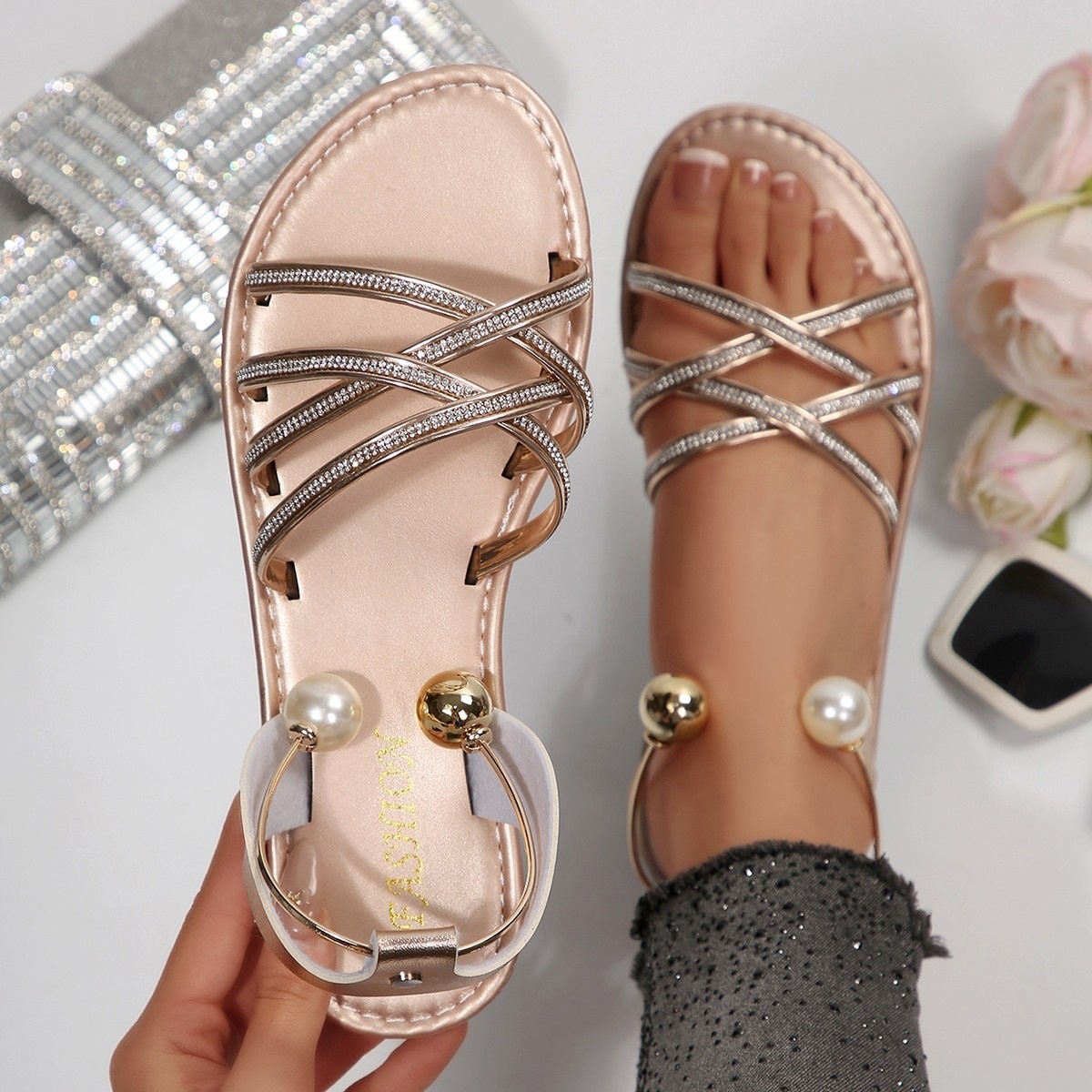 Pearl Embellished Strappy Flat Sandals