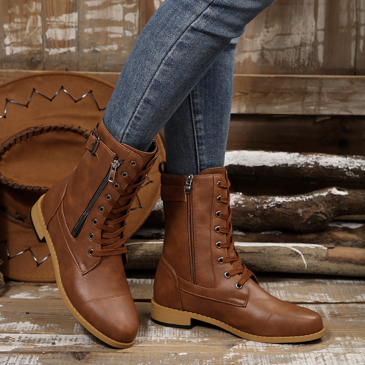 Round Toe Block Heels Boots