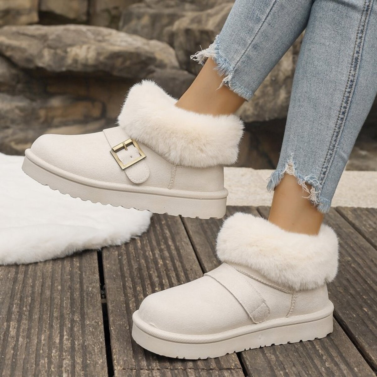 Fuzzy Trim Buckle Accent Winter Boots