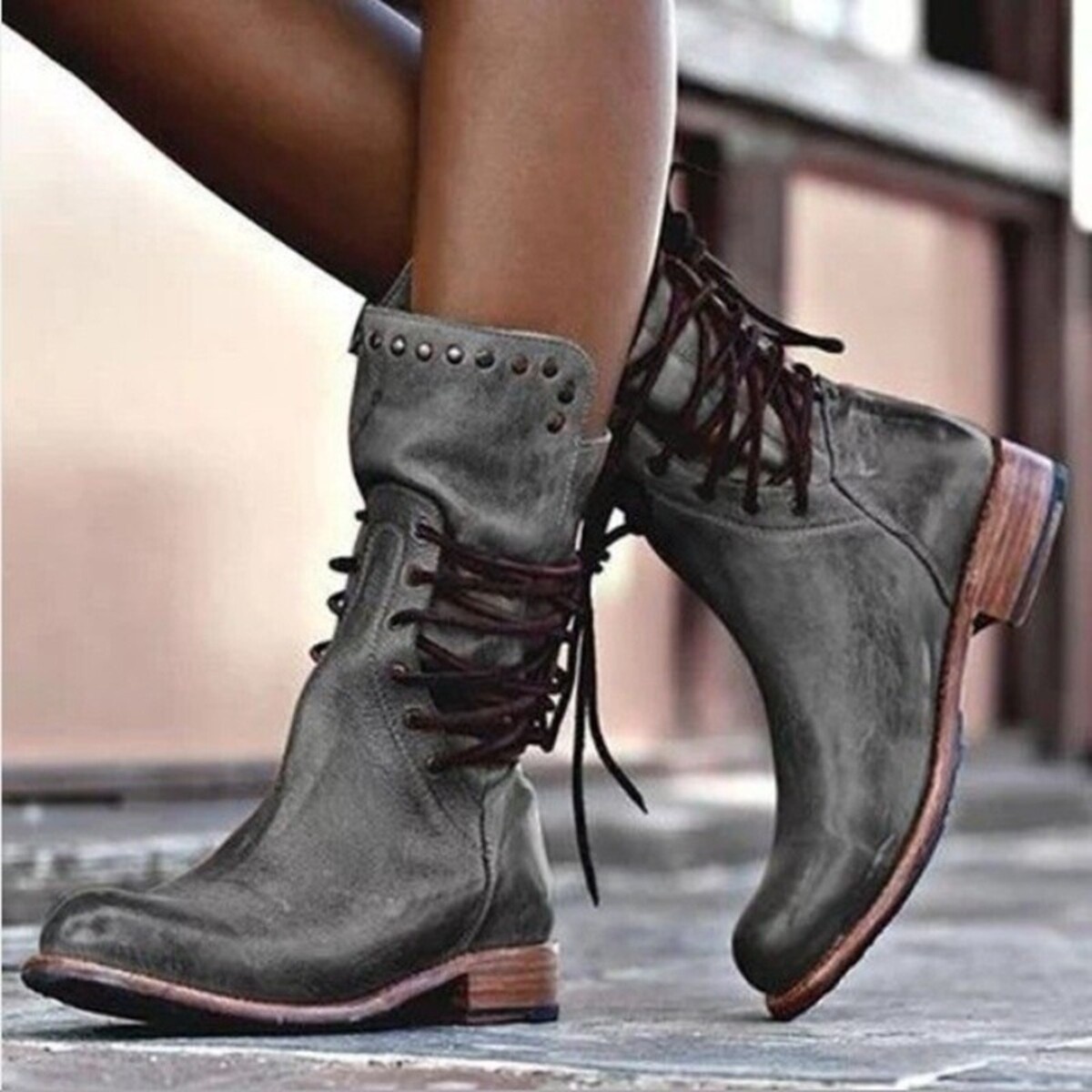 Lace Up Block Heels Boots