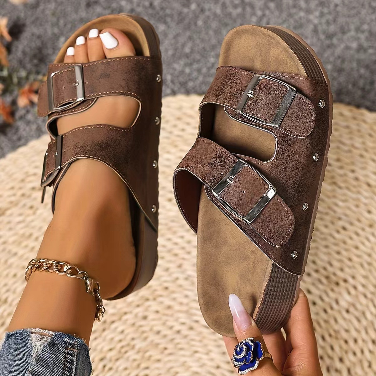 Double Buckle Open Toe Platform Sandals
