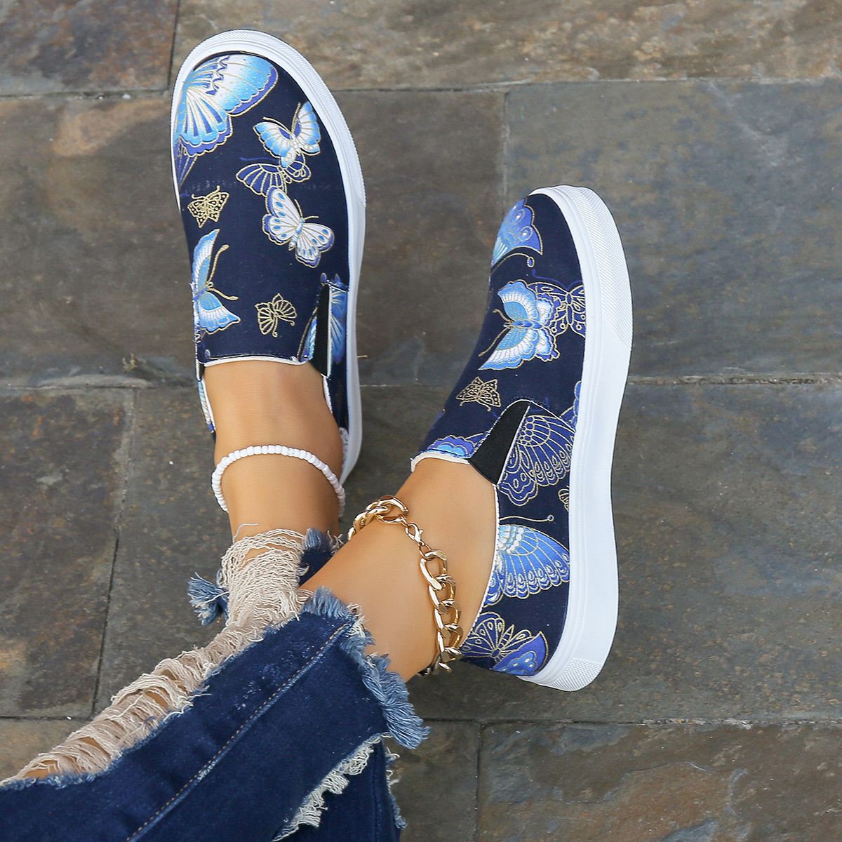 Butterfly Print Round Toe Slip-Ons