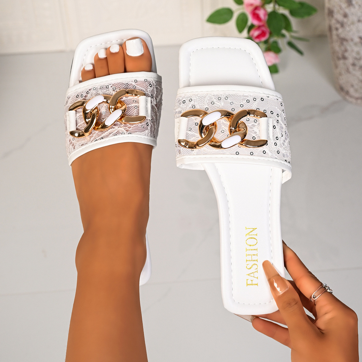 Lace Chain-Embellished Flat Sandals