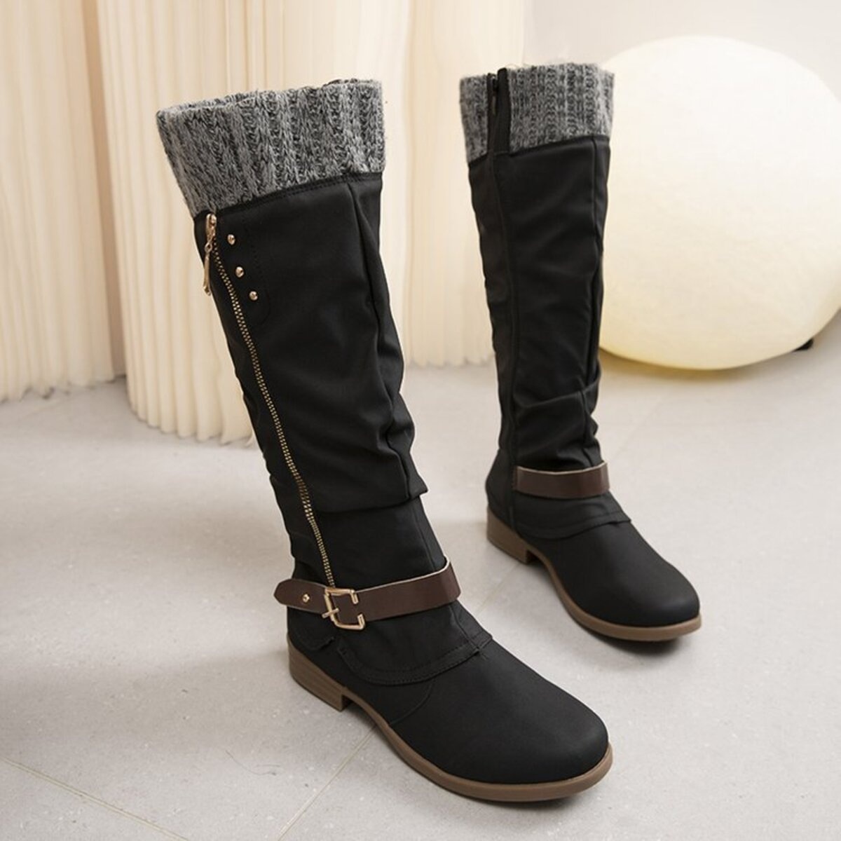 Knee High Slouch Boots with Knit Cuff