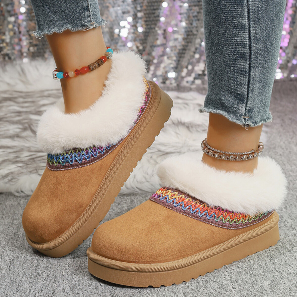 Fur-Lined Platform Boots with Decorative Woven Strap