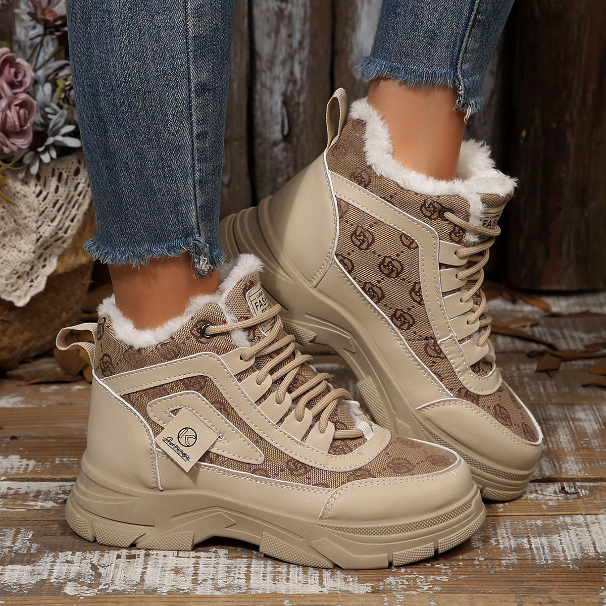 High-Top Platform Chunky Sneaker Boots with Lace-Up