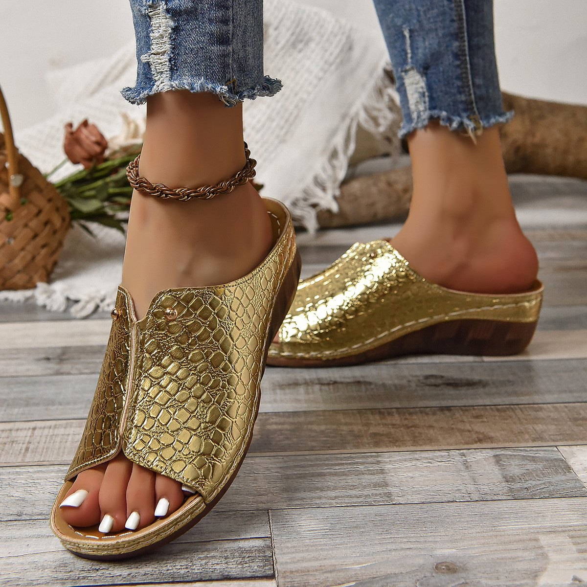 Crocodile-Embossed Wedge Sandals