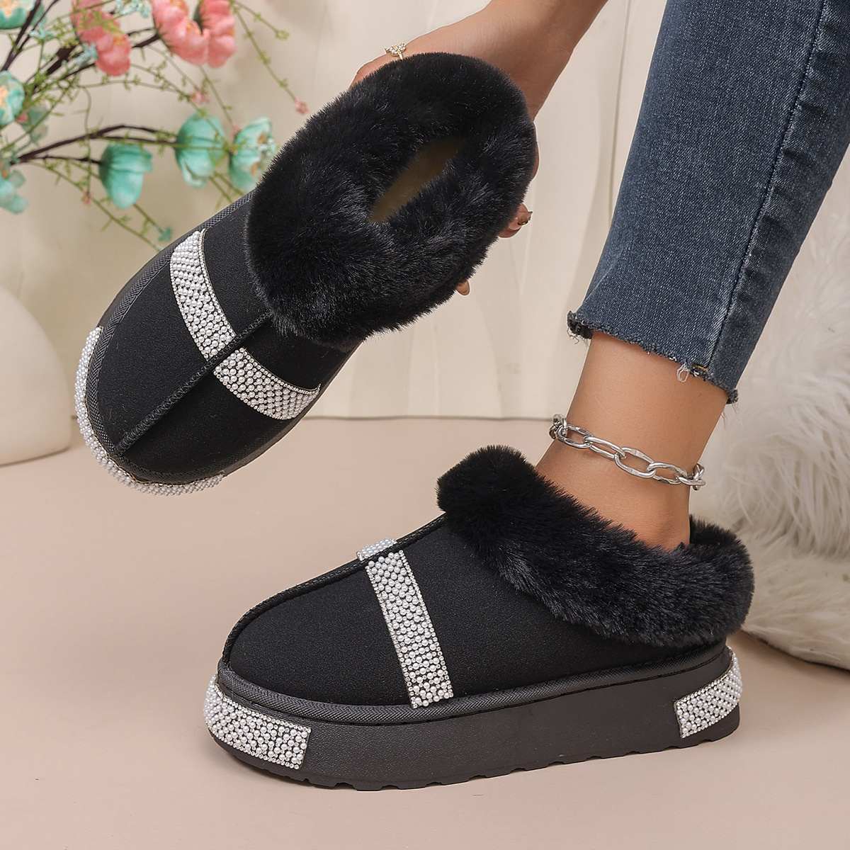 Rhinestone Embellished Faux Fur Lined Platform Boots