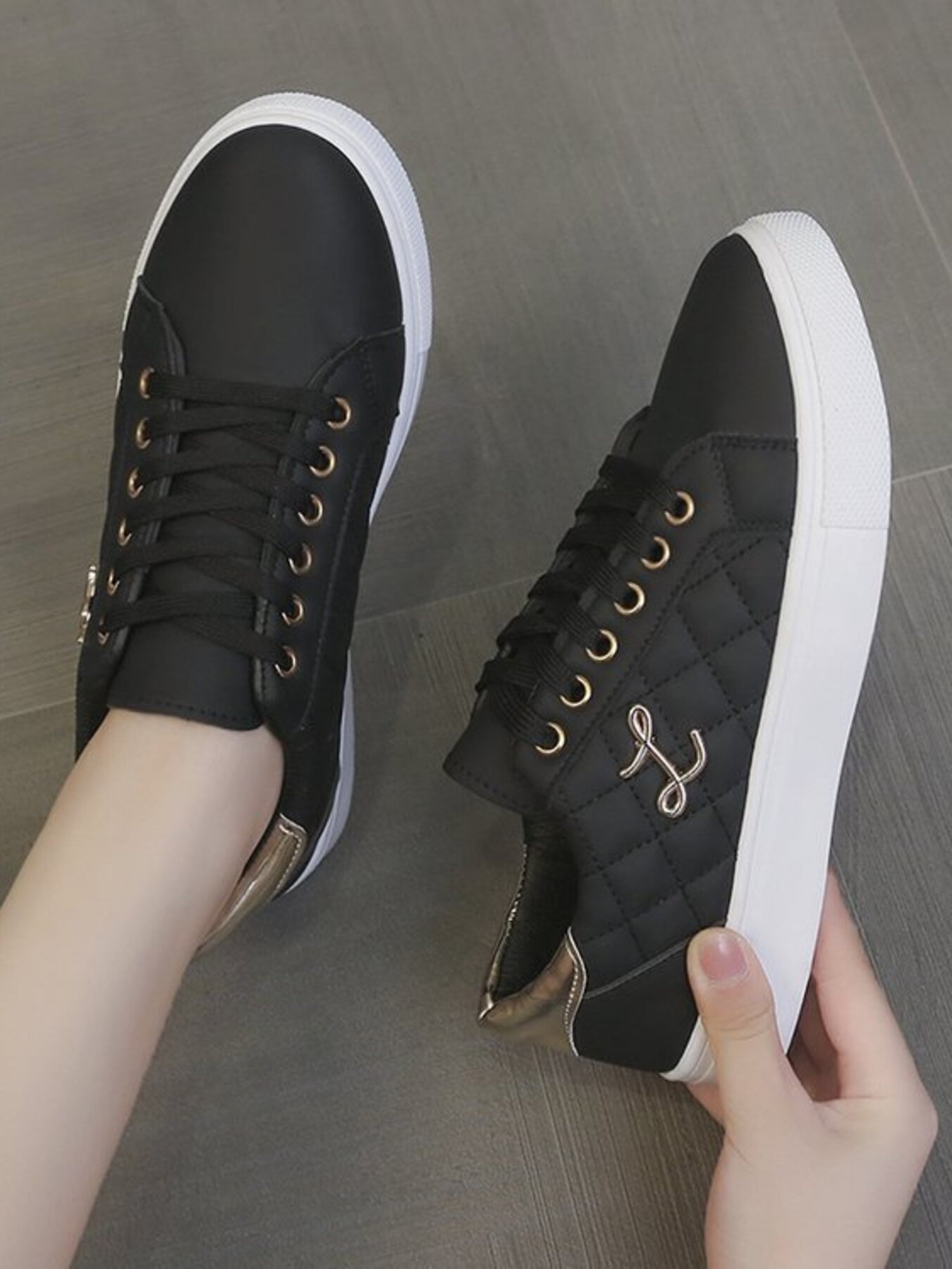 Quilted Platform Sneakers with Metallic Gold Accents