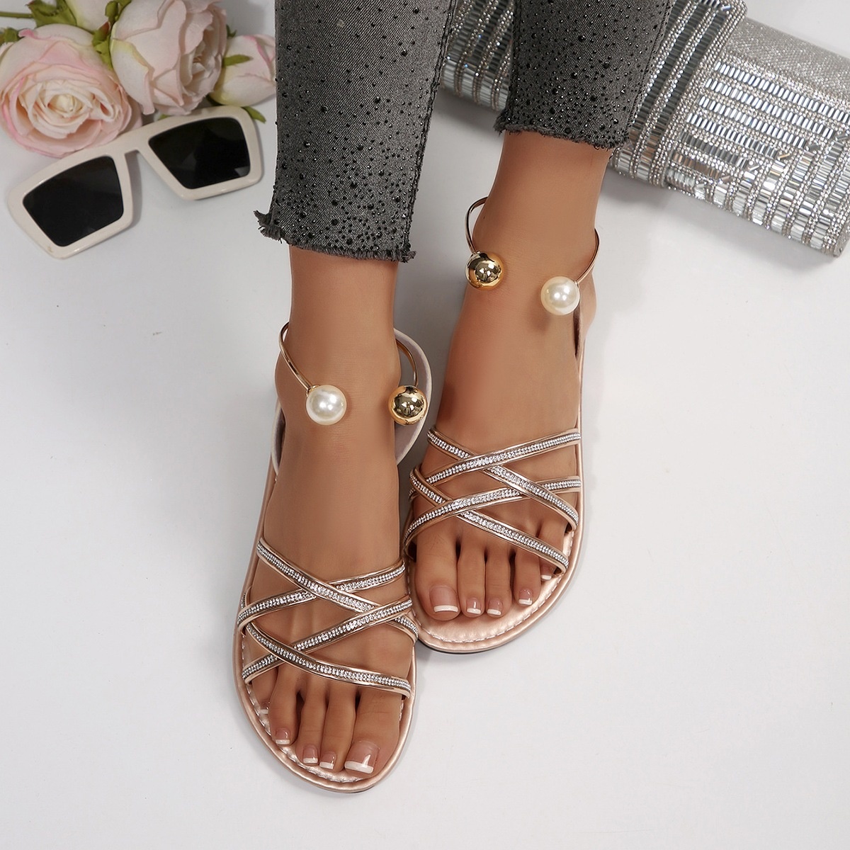 Pearl Embellished Strappy Flat Sandals