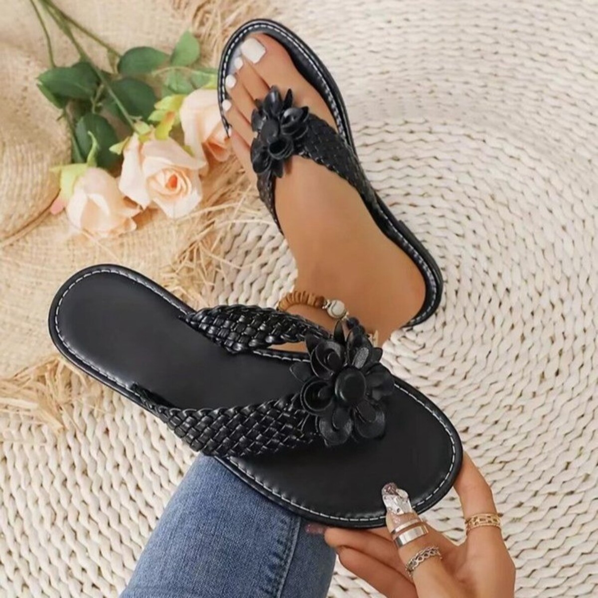 Floral Accent Braided Thong Sandals