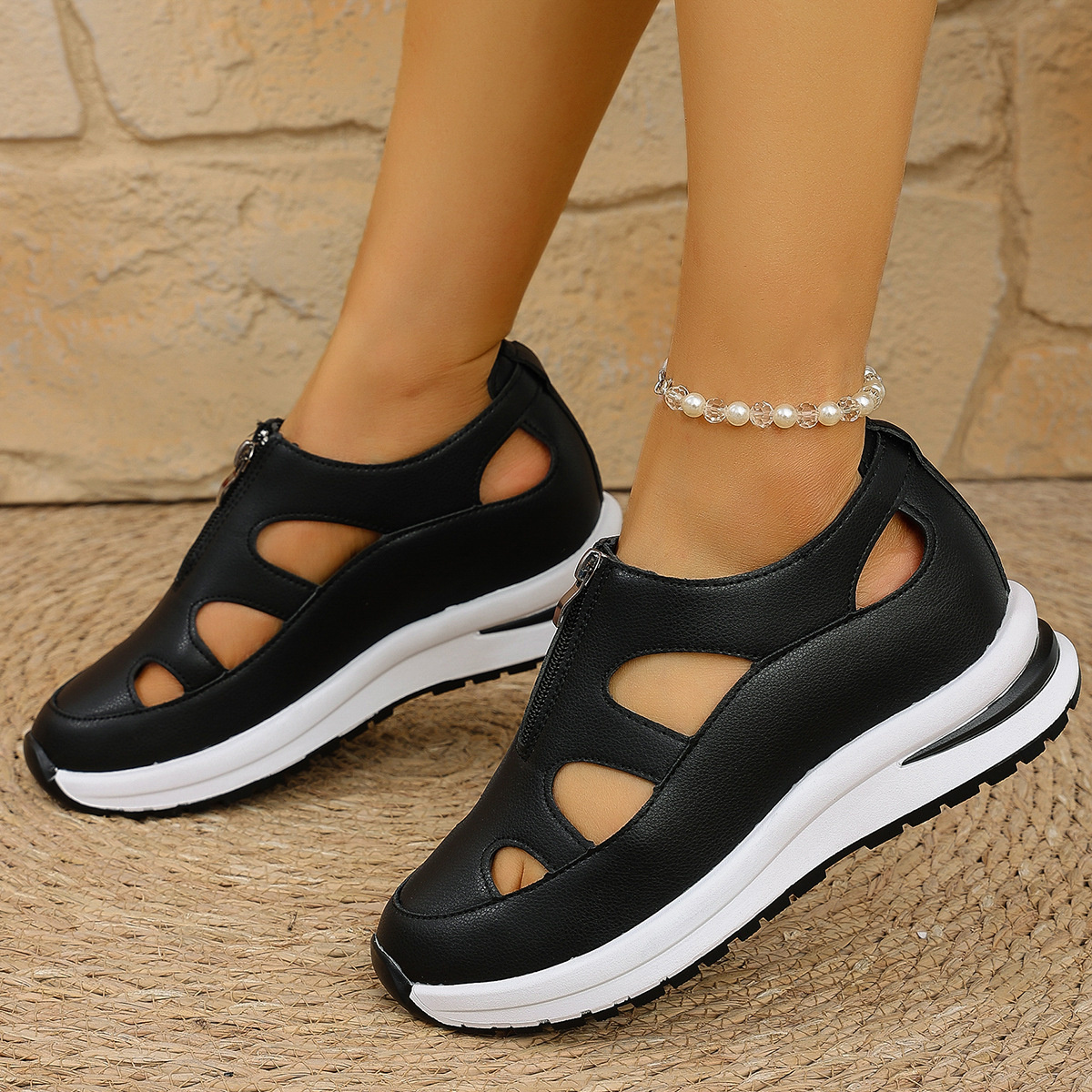 Cutout Zipper Wedge Sneakers