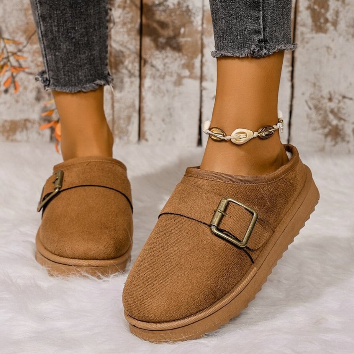 Buckle Decor Plush Lined Warm Slippers