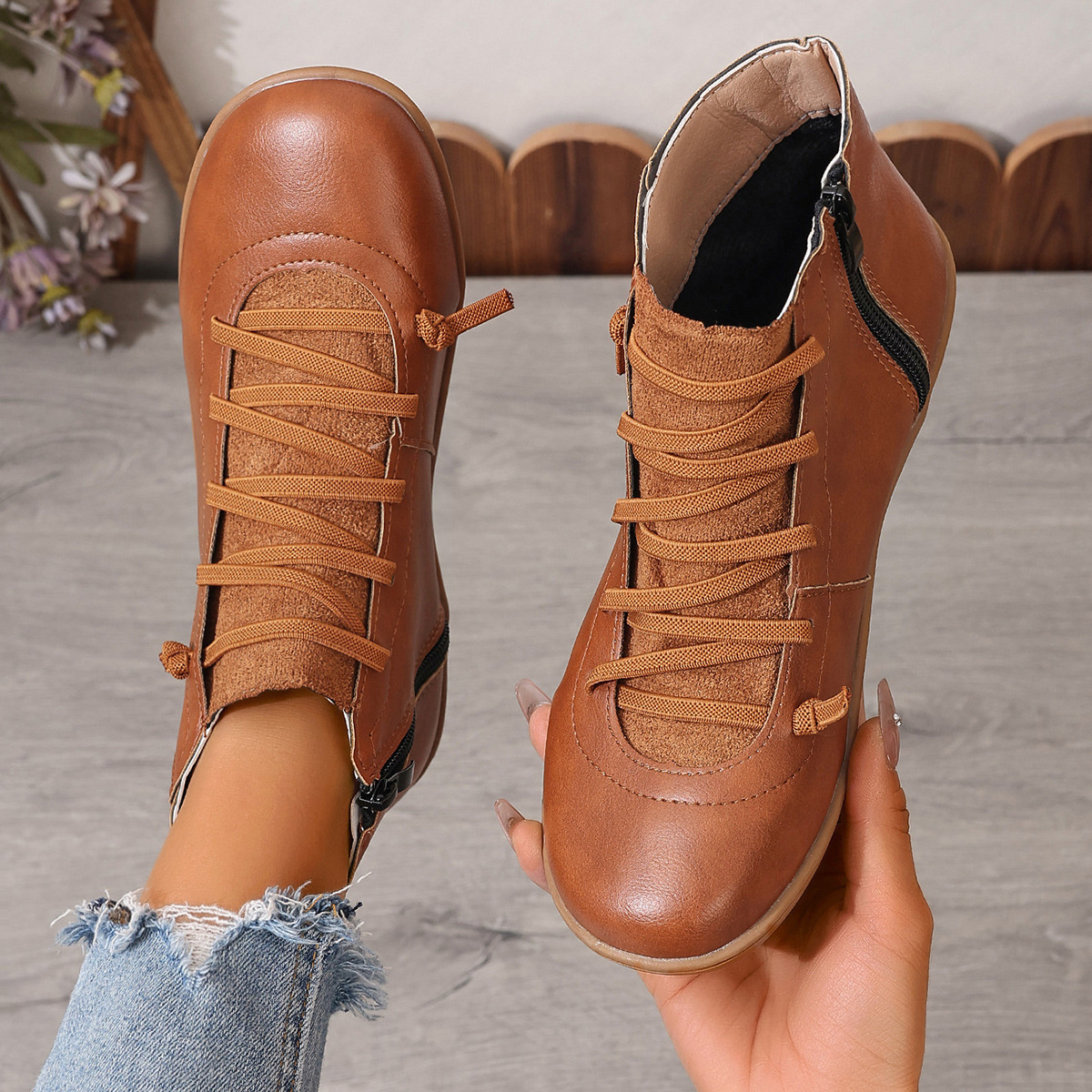 Lace-Up Faux Leather Ankle Boots