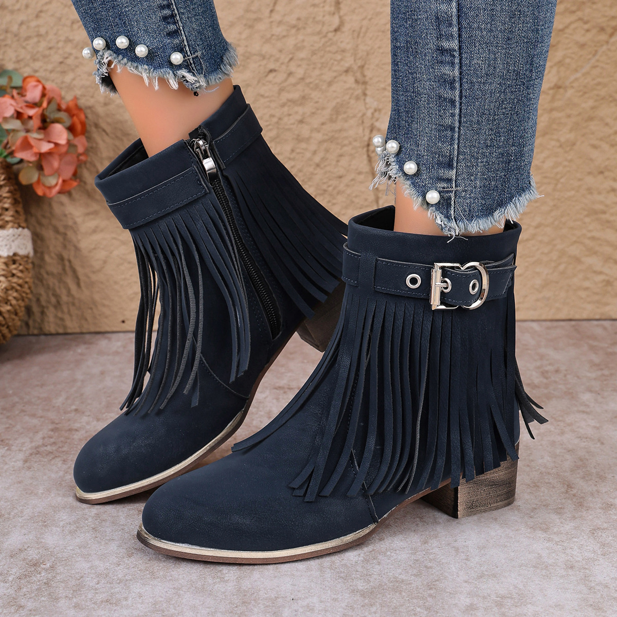 Fringe Ankle Boots with Buckle Detail