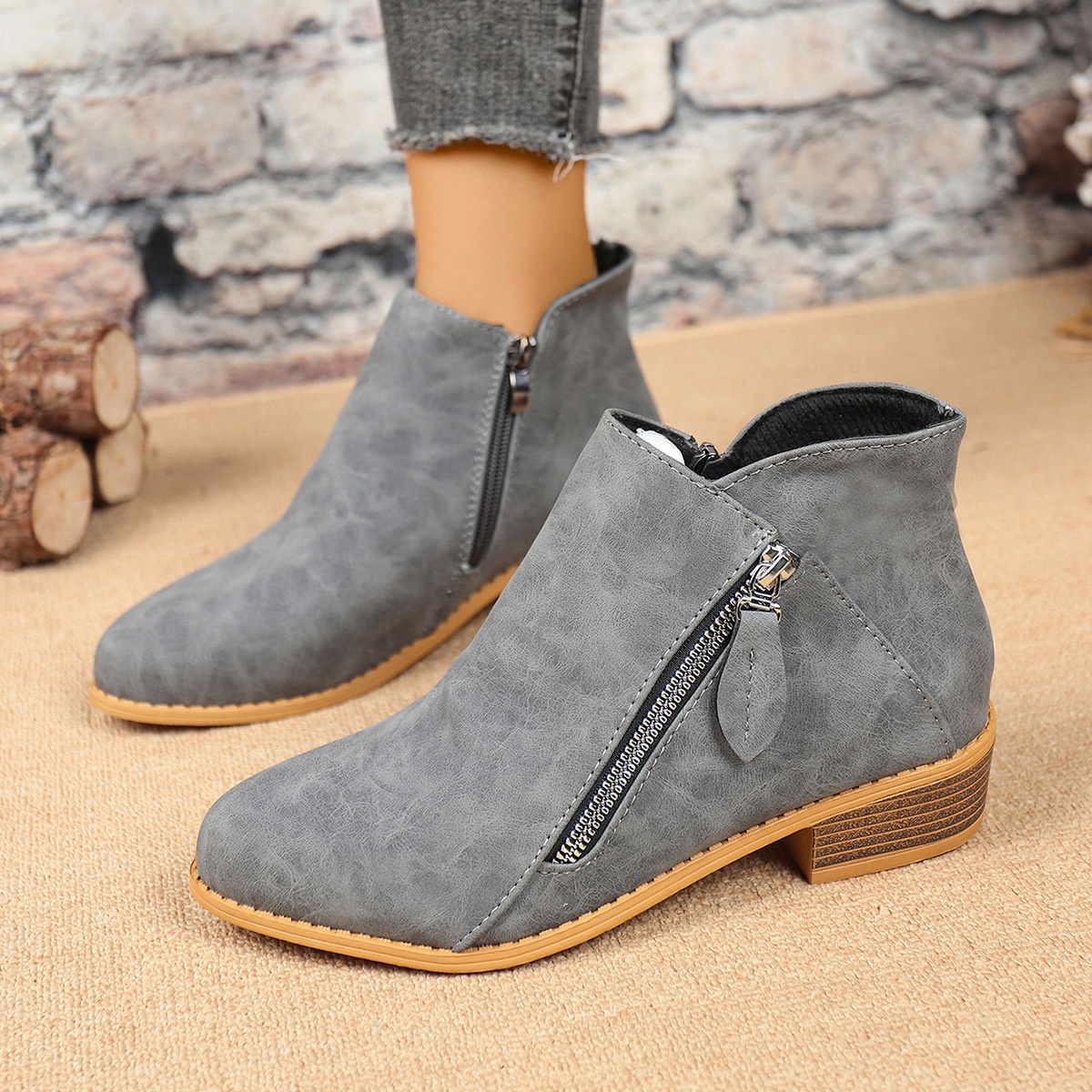 Size Zipper Block Heels Boots
