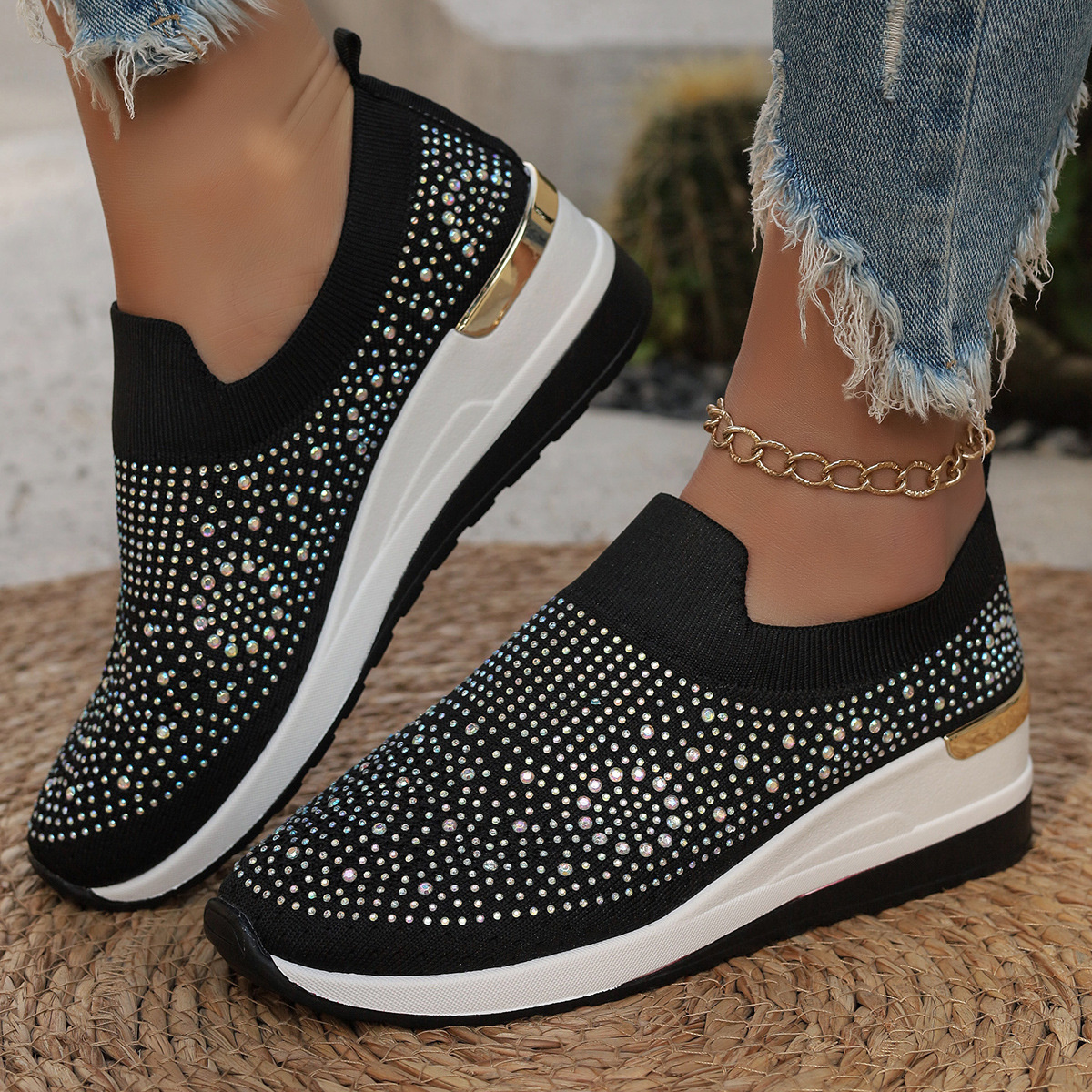 Rhinestone Round Toe Slip-Ons