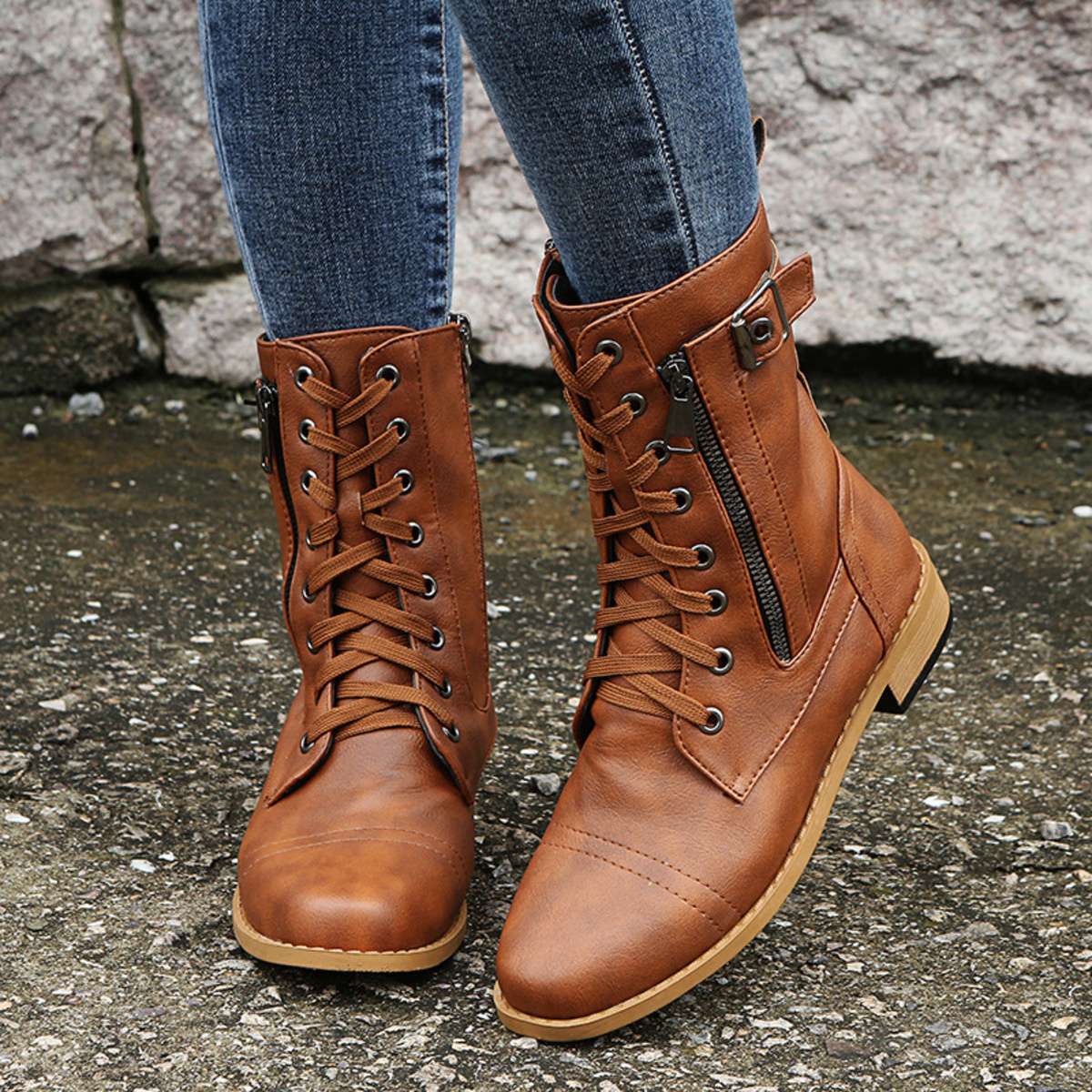 Lace-Up Ankle Boots with Zipper Detail