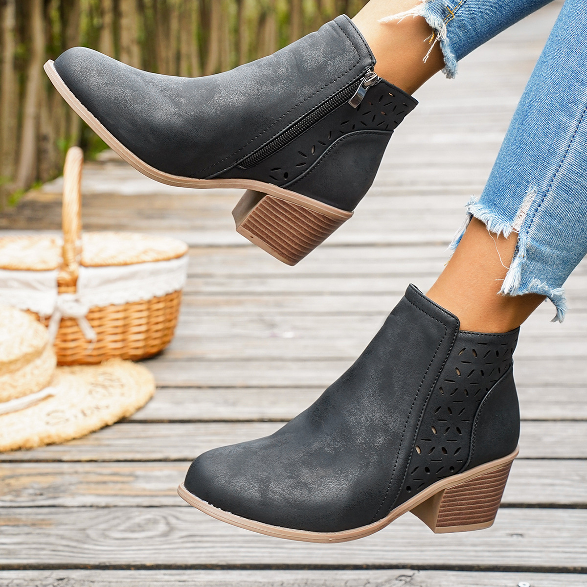 Round Toe Block Heels Boots