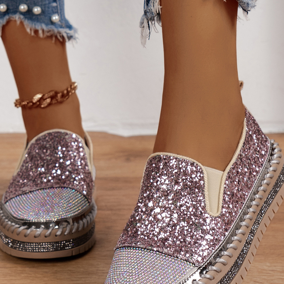 Rhinestone Sequin Round Toe Platform Loafers