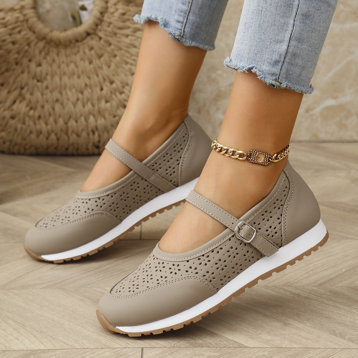 Perforated Mary Jane Slip-Ons with Athletic Sole