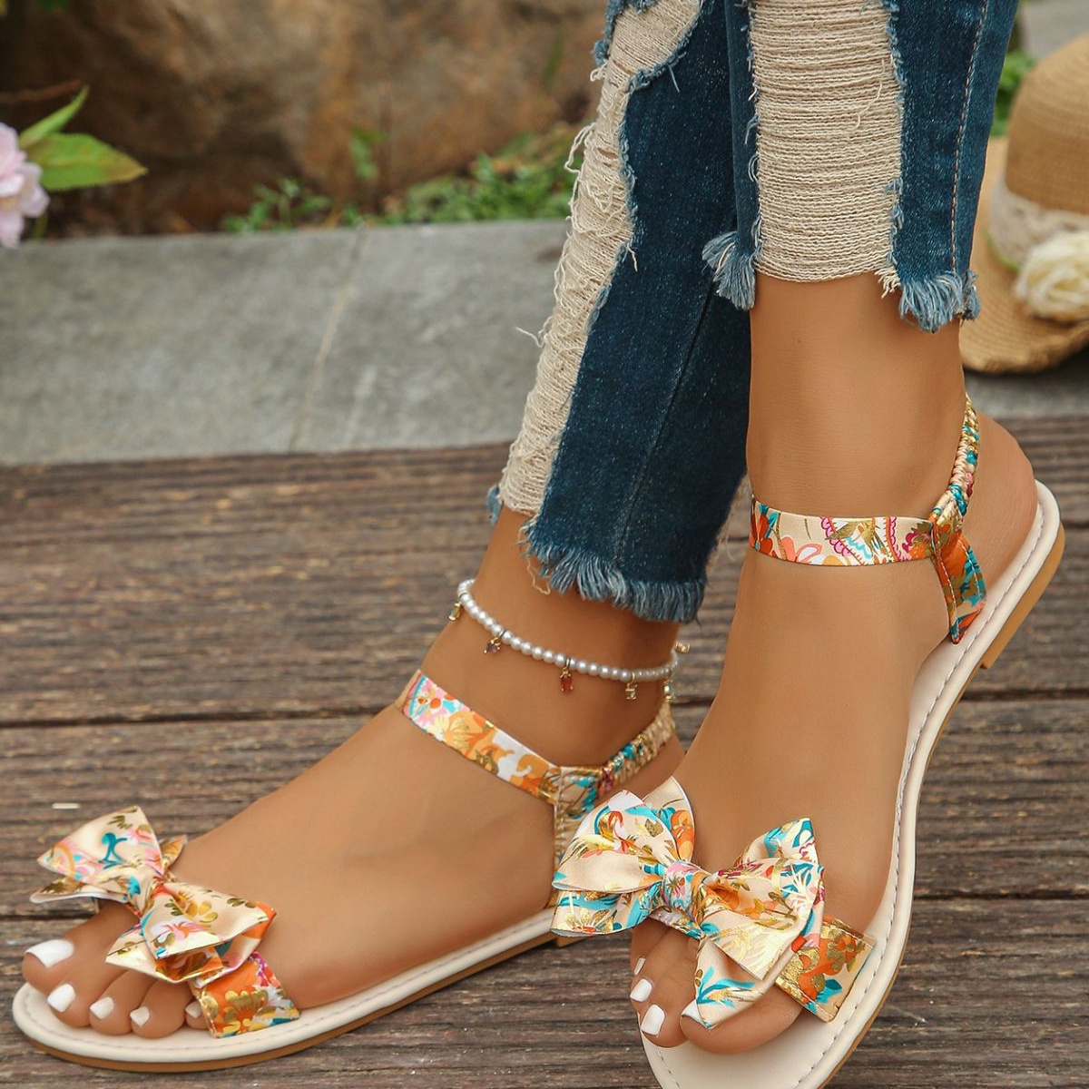 Floral Bowknot Ankle Strap Flat Sandals