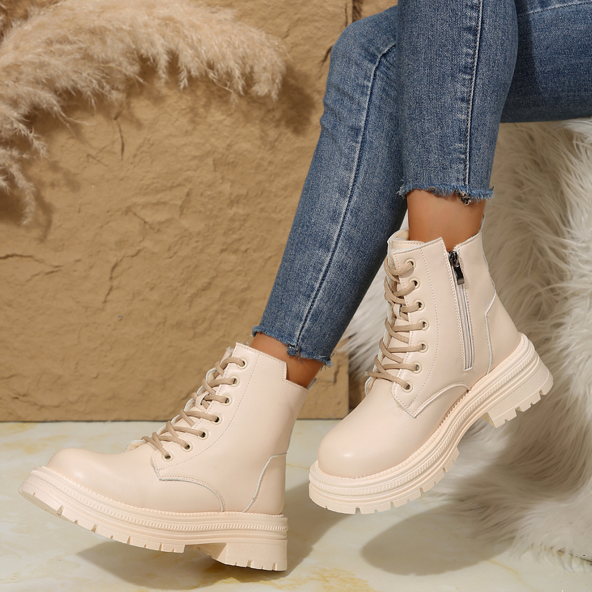 Lace Up Round Toe Platform Boots
