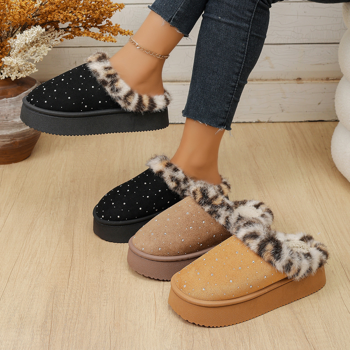 Rhinestone Faux Fur Platform Slippers