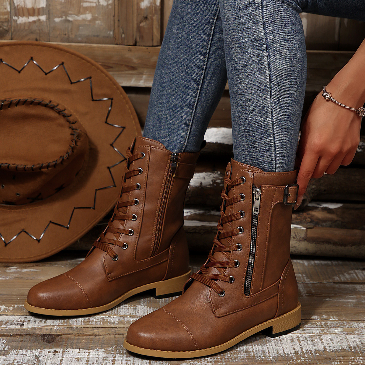 Round Toe Lace Up Block Heels Boots